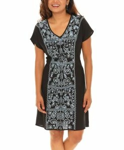 Coupon 👏 Shoreline Black & Blue Floral Embroidered Cap-Sleeve V-Neck A-Line 👗 Dress - Plus 🥰