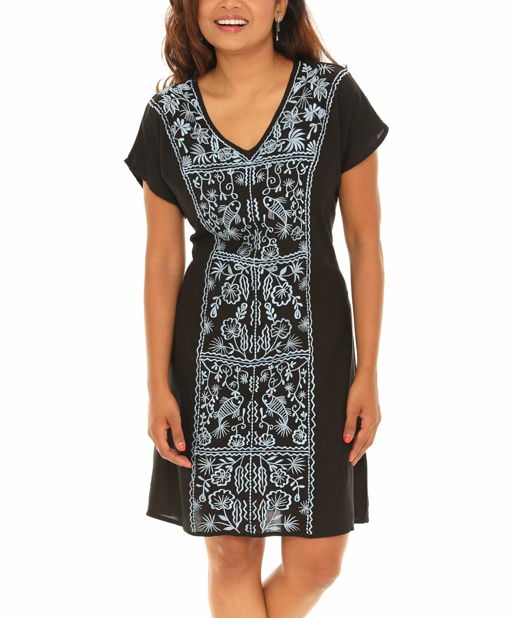 Coupon π Shoreline Black & Blue Floral Embroidered Cap-Sleeve V-Neck A-Line π Dress - Plus π₯°