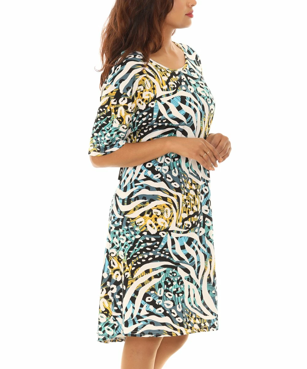 Best Sale β Shoreline Teal & Gold Jungle-Print Short-Sleeve Shift π Dress - Plus βοΈ - Image 3