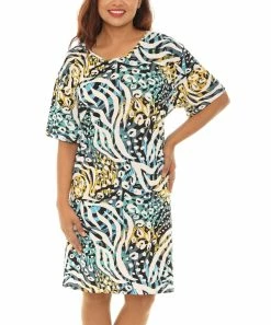Best Sale ⌛ Shoreline Teal & Gold Jungle-Print Short-Sleeve Shift 👗 Dress - Plus ✔️