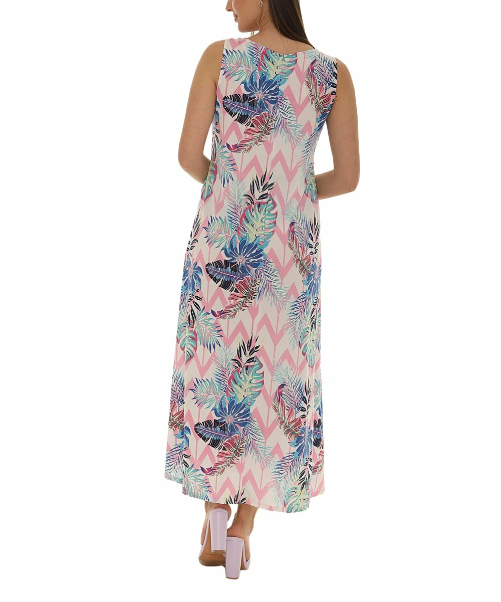 Best Pirce π Shoreline Blue & Pink Chevron Leaf Print Sleeveless Maxi π Dress - π© Women & Plus β¨ - Image 3