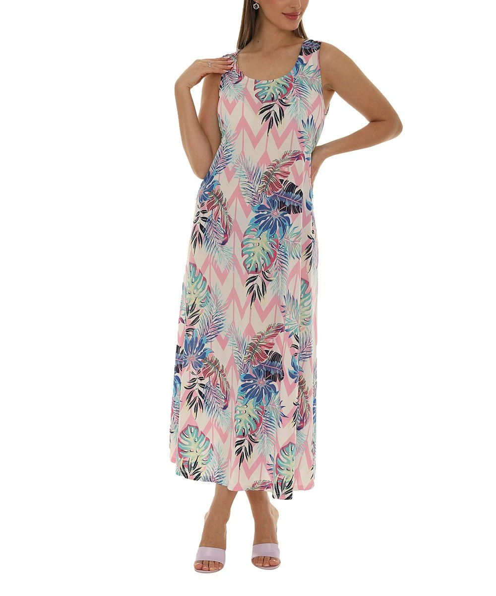 Best Pirce π Shoreline Blue & Pink Chevron Leaf Print Sleeveless Maxi π Dress - π© Women & Plus β¨ - Image 5