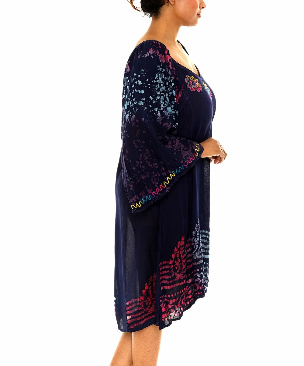 Cheapest π€© Shoreline Blue Multicolor Embroidered-Batik Trim Bell-Sleeve π Dress - Plus π - Image 3