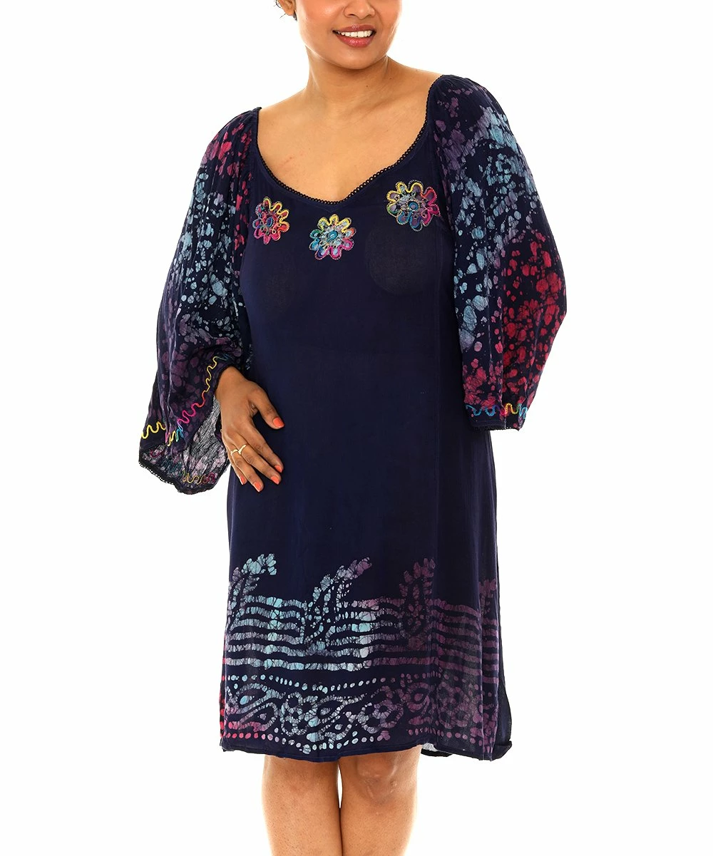 Cheapest π€© Shoreline Blue Multicolor Embroidered-Batik Trim Bell-Sleeve π Dress - Plus π - Image 5