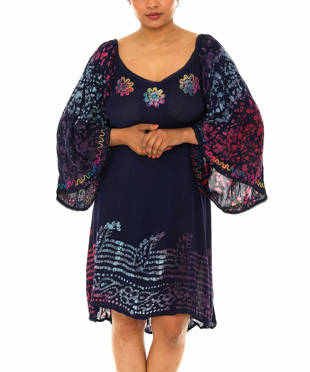 Cheapest π€© Shoreline Blue Multicolor Embroidered-Batik Trim Bell-Sleeve π Dress - Plus π