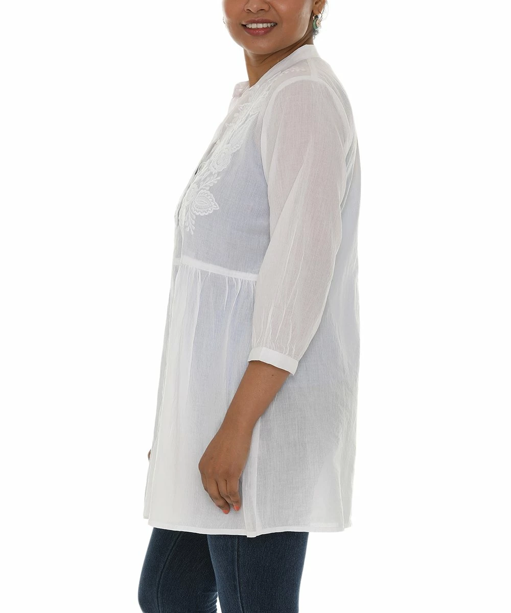 Top 10 βοΈ Shoreline White Embroidered Floral Button-Up Empire-Waist Tunic - π© Women β¨ - Image 2