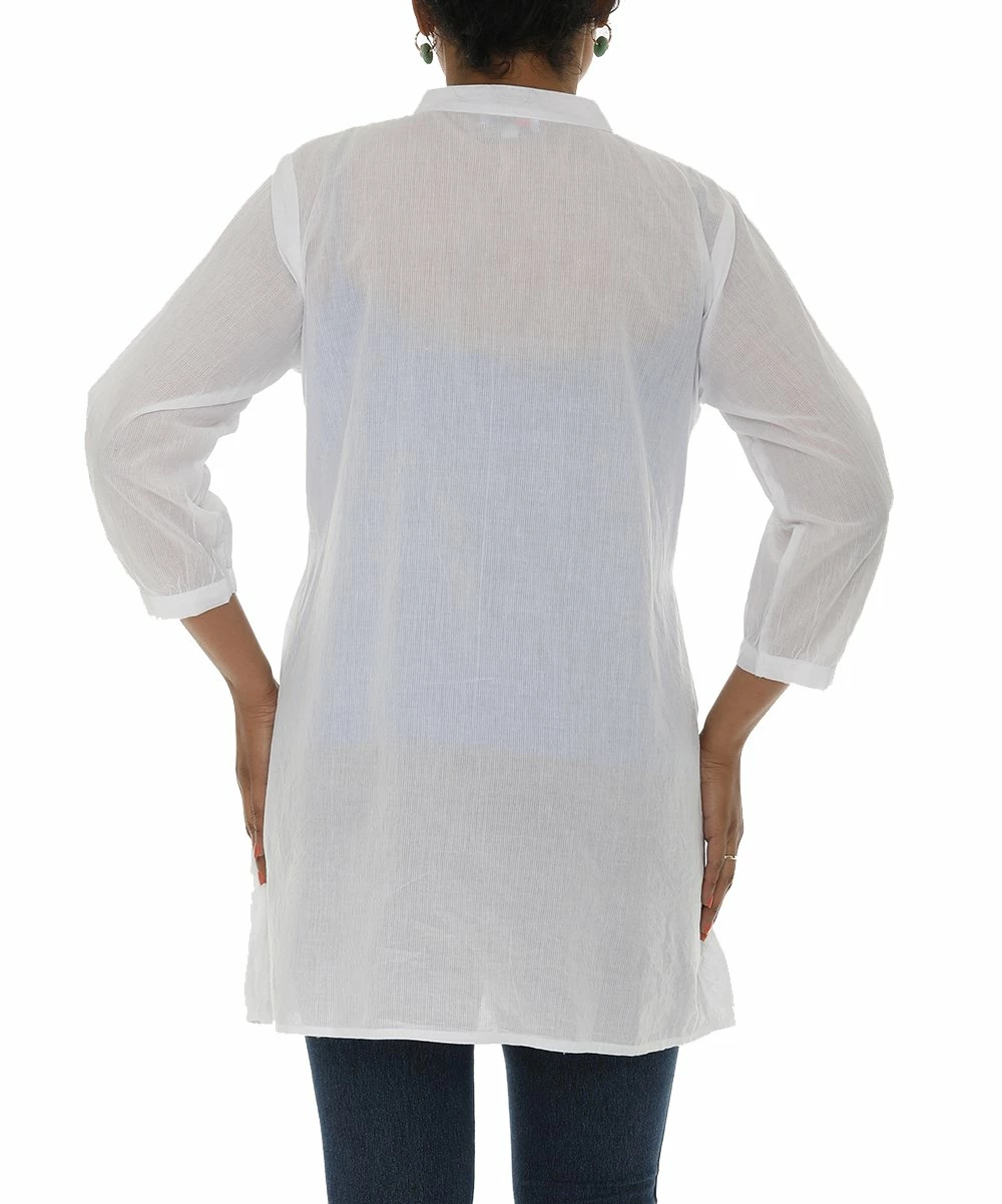 Top 10 βοΈ Shoreline White Embroidered Floral Button-Up Empire-Waist Tunic - π© Women β¨ - Image 3