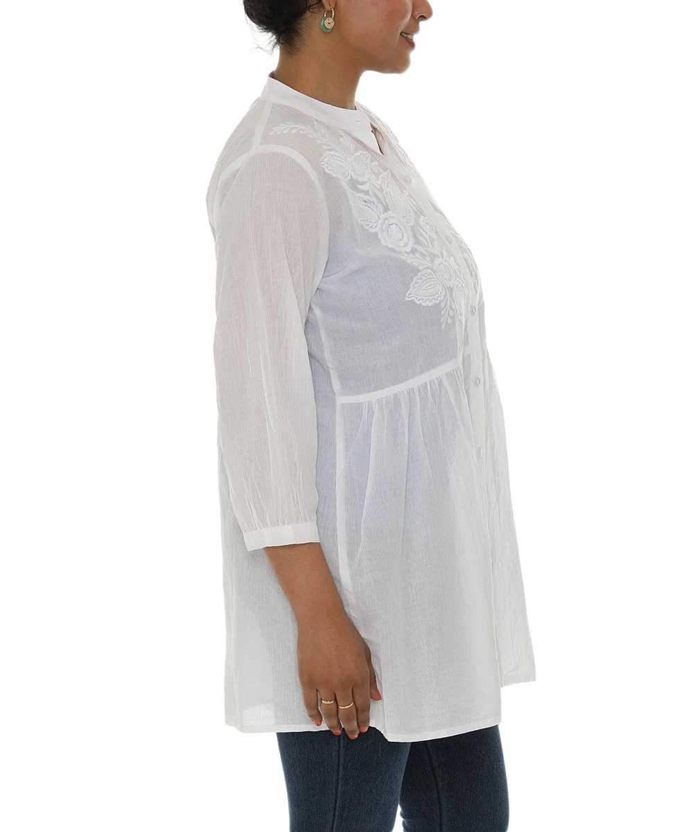 Top 10 βοΈ Shoreline White Embroidered Floral Button-Up Empire-Waist Tunic - π© Women β¨ - Image 4