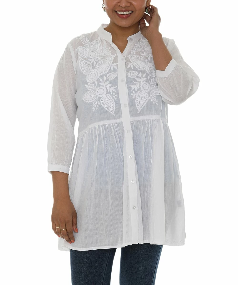Top 10 βοΈ Shoreline White Embroidered Floral Button-Up Empire-Waist Tunic - π© Women β¨ - Image 5