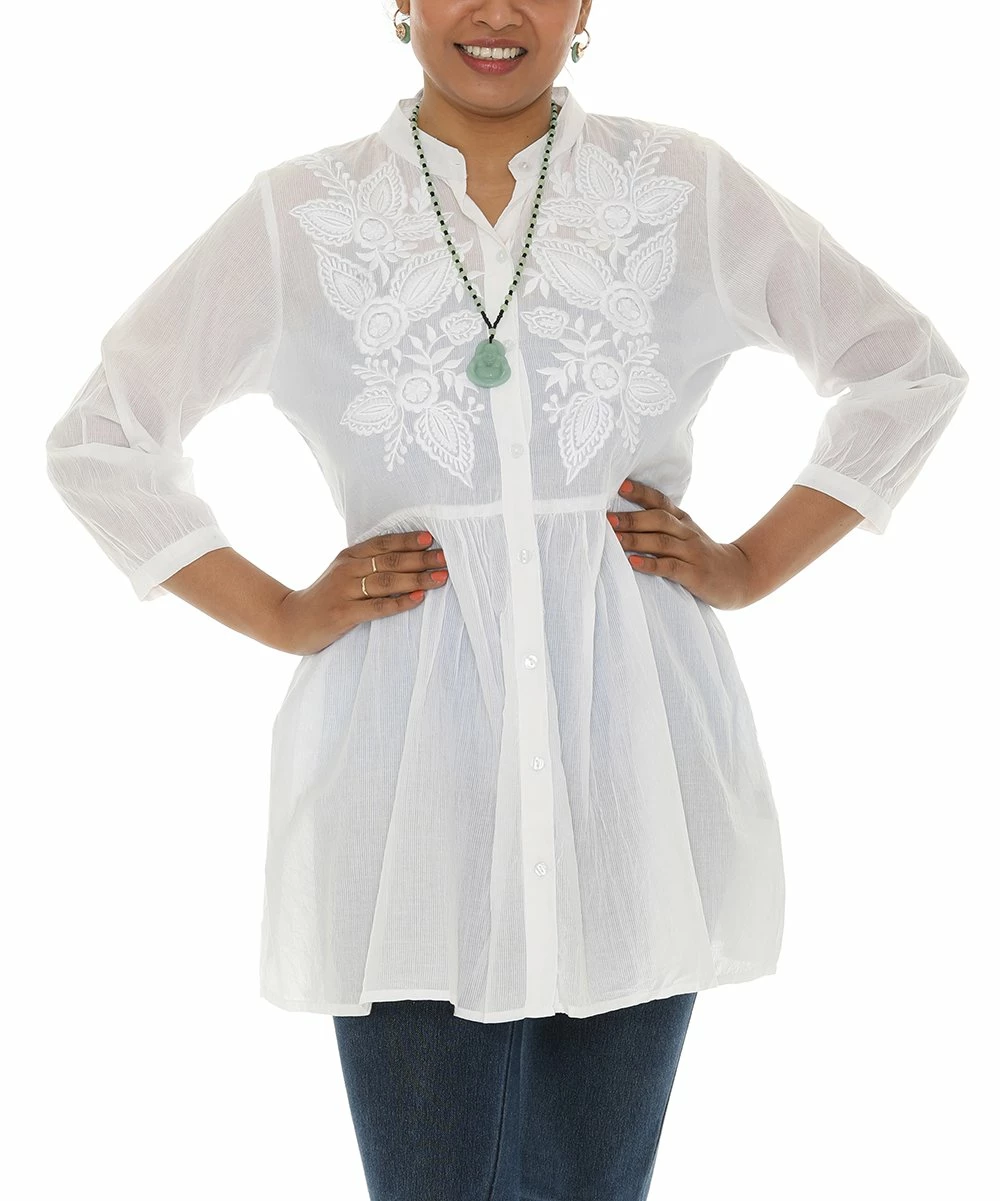 Top 10 βοΈ Shoreline White Embroidered Floral Button-Up Empire-Waist Tunic - π© Women β¨