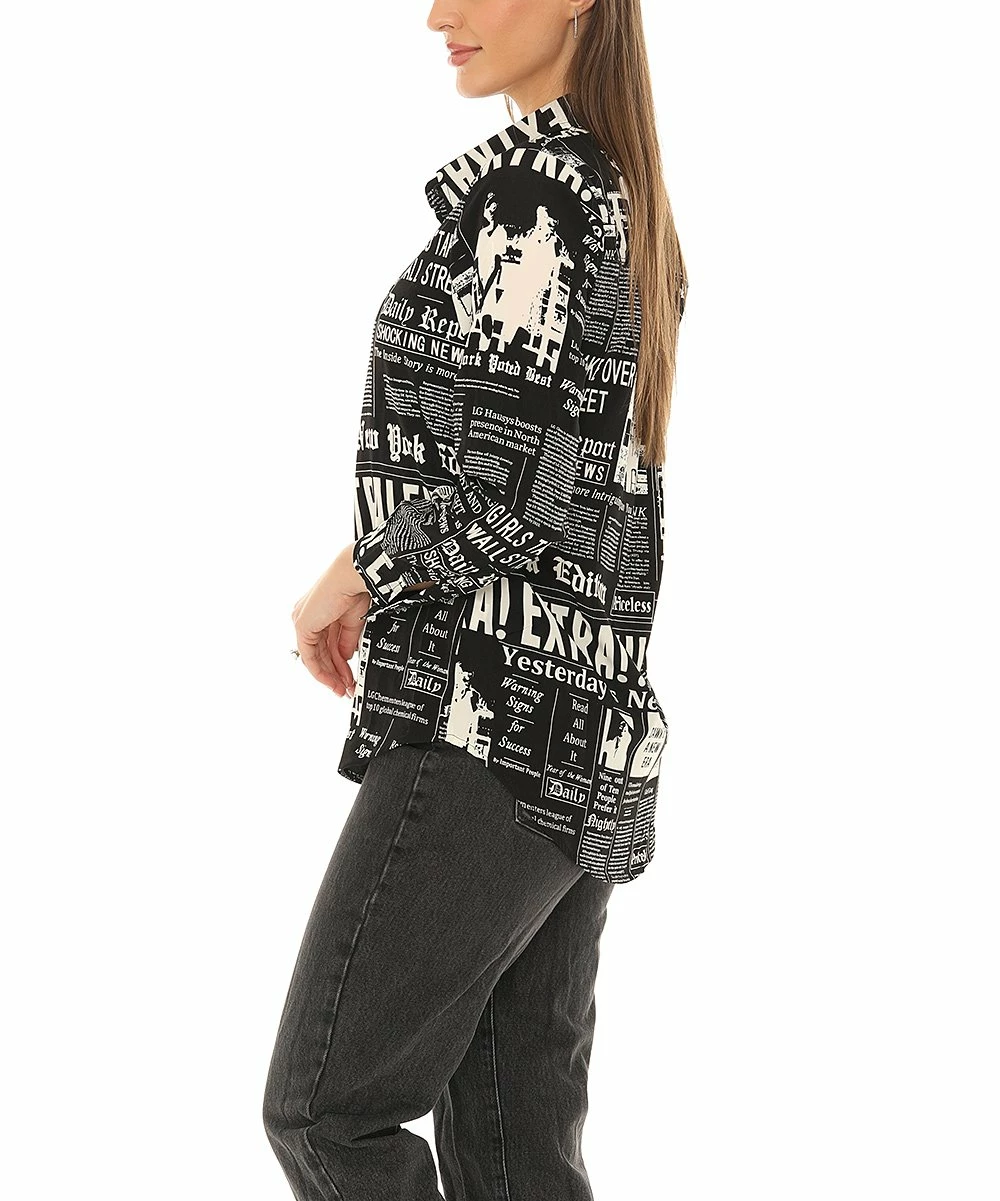 Coupon π₯° Shoreline Black Newsprint Long-Sleeve Button-Up - π© Women & Plus β¨ - Image 3