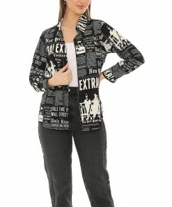 Coupon 🥰 Shoreline Black Newsprint Long-Sleeve Button-Up - 👩 Women & Plus ✨