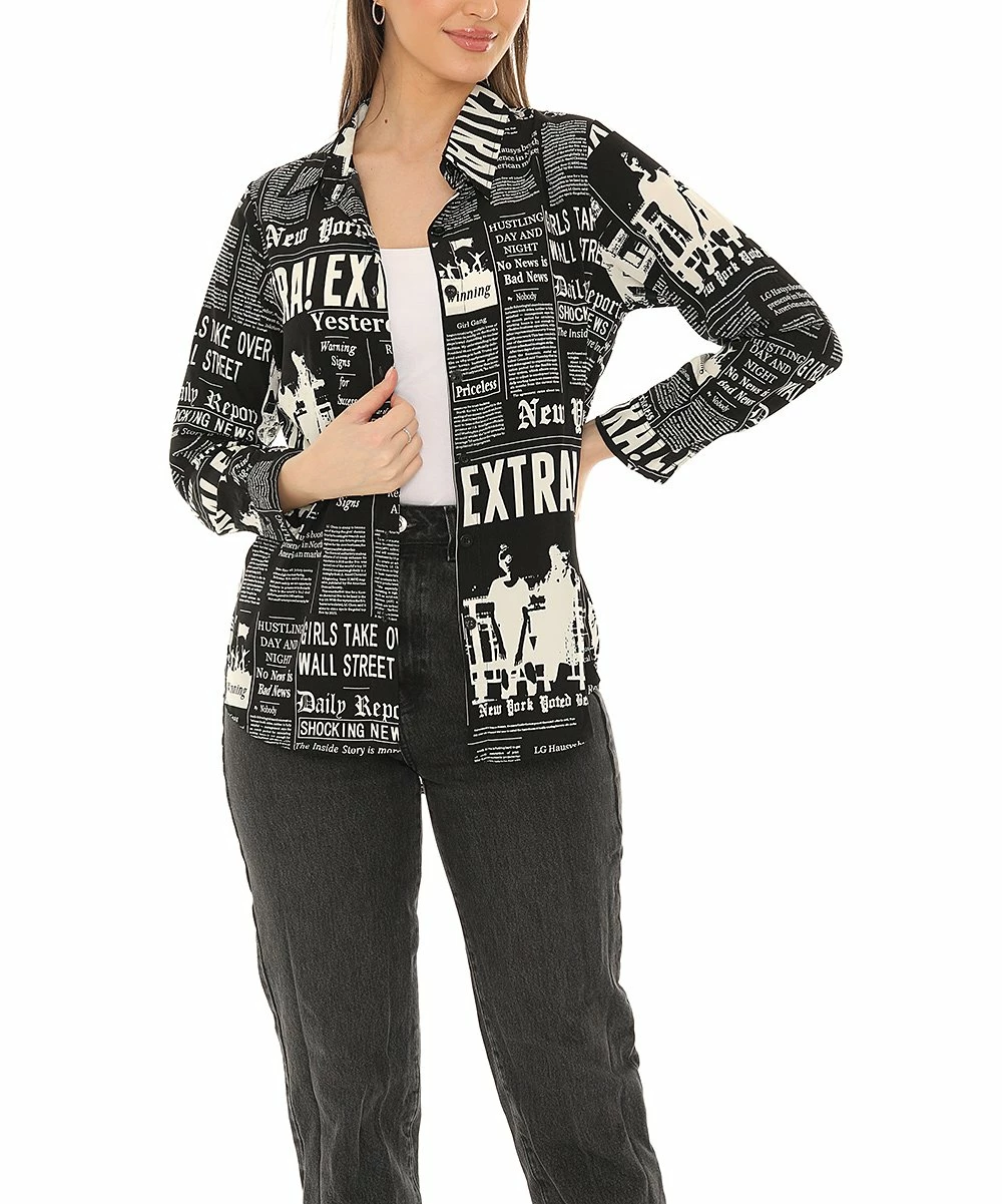 Coupon π₯° Shoreline Black Newsprint Long-Sleeve Button-Up - π© Women & Plus β¨