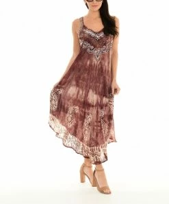 Hot Sale ✨ Shoreline Brown Tie-Dye Embroidered Neckline Sleeveless Shift 👗 Dress - 👩 Women & Plus 🎉