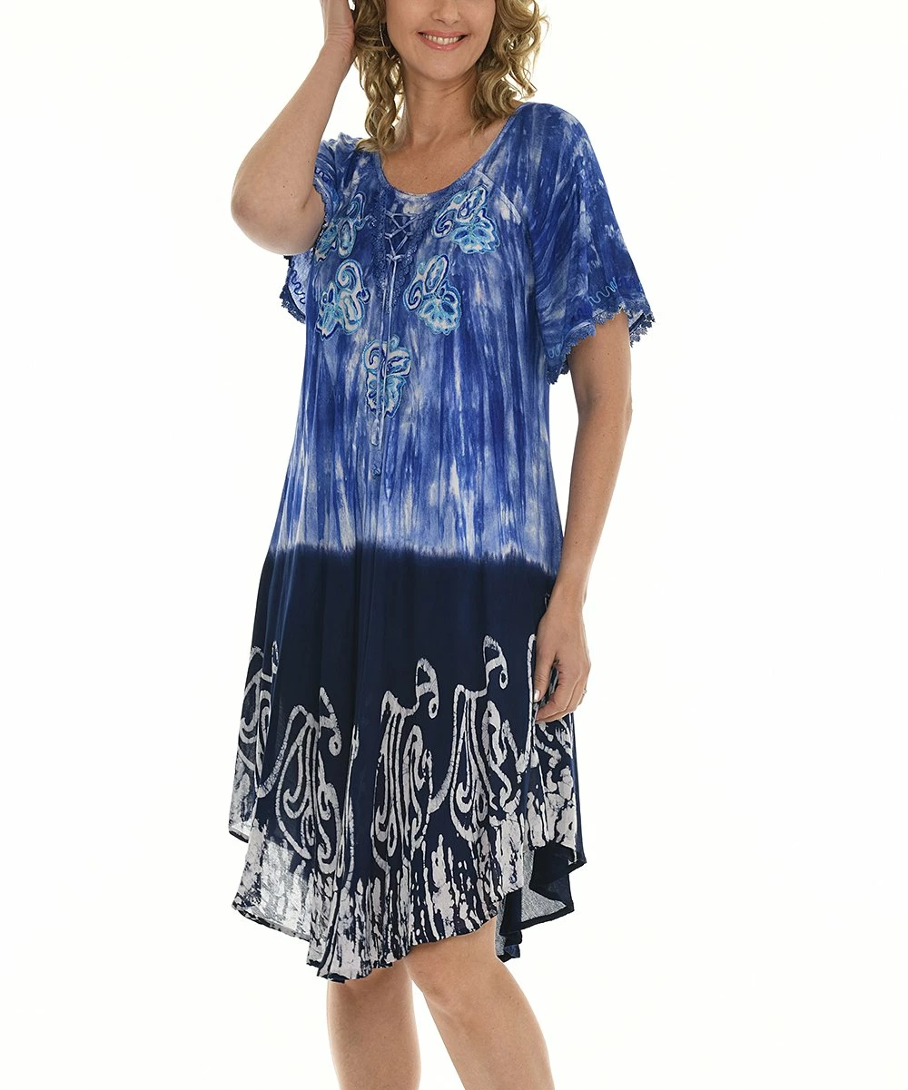 Outlet β Shoreline Blue & Black Tie-Dye Embroidered Shift π Dress - π© Women & Plus βοΈ - Image 4