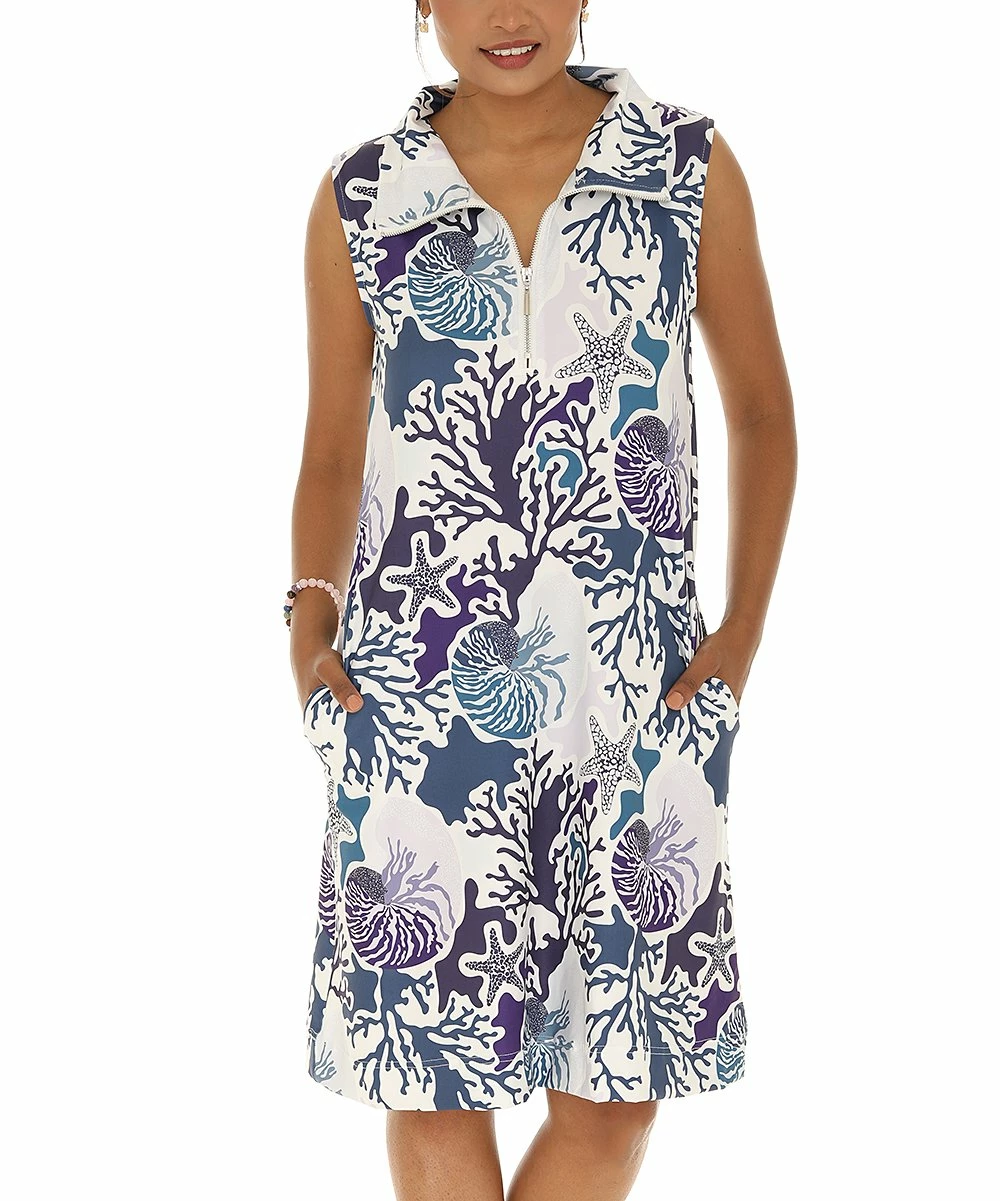Cheap β¨ Shoreline Blue & White Seashell UPF 50 Sleeveless Zip-Up Cover-Up - π© Women π₯ - Image 3