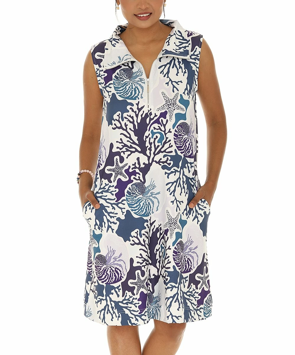Cheap β¨ Shoreline Blue & White Seashell UPF 50 Sleeveless Zip-Up Cover-Up - π© Women π₯