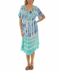 Coupon 🎉 Shoreline Mint Tie-Dye Embroidered Scoop Neck Shift 👗 Dress - 👩 Women & Plus ✔️