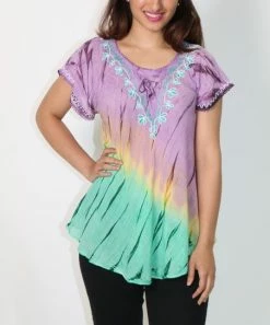 Wholesale 👍 Shoreline Purple & Green Tie-Dye Embroidered V-Neck Cap-Sleeve Top - 👩 Women & Plus 🥰