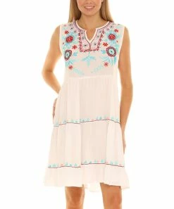 Best Sale 👍 Shoreline White & Blue Geometric Embroidered Sleeveless V-Neck 👗 Dress - 👩 Women & Plus 😀