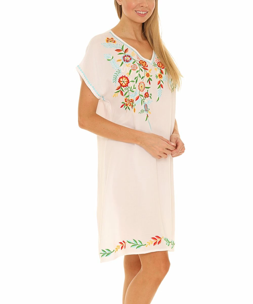 Promo π Shoreline White & Orange Floral Embroidered Short-Sleeve V-Neck π Dress - π© Women & Plus β - Image 3