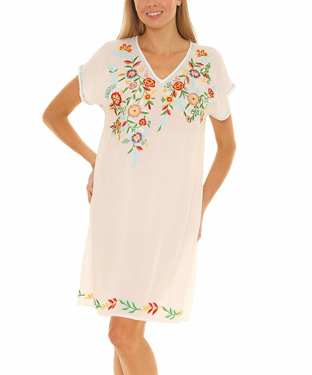 Promo π Shoreline White & Orange Floral Embroidered Short-Sleeve V-Neck π Dress - π© Women & Plus β - Image 5