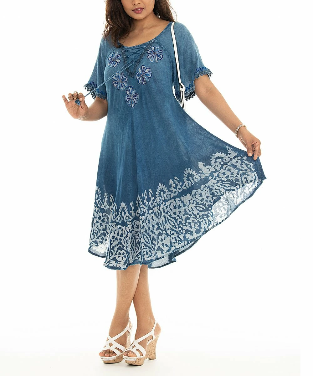 Buy π Shoreline Navy Embroidered Lace-Up Shift π Dress - π© Women & Plus 𧨠- Image 3