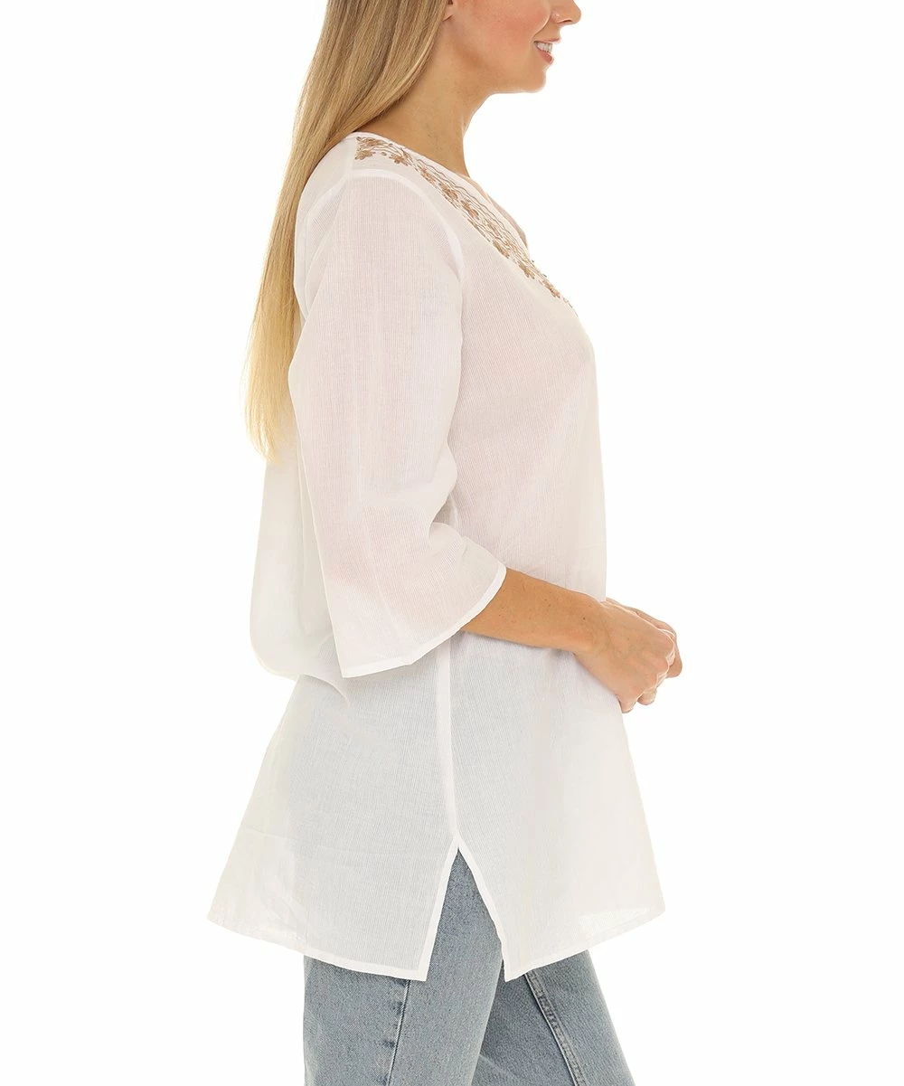 Cheap β Shoreline White Sheer Three-Quarter Sleeve Embroidered V-Neck Tunic - Plus β€οΈ - Image 3