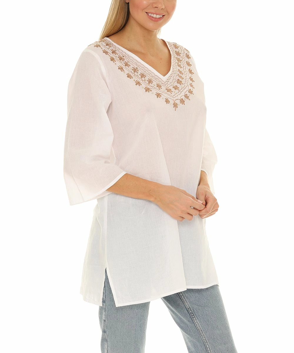Cheap β Shoreline White Sheer Three-Quarter Sleeve Embroidered V-Neck Tunic - Plus β€οΈ - Image 4