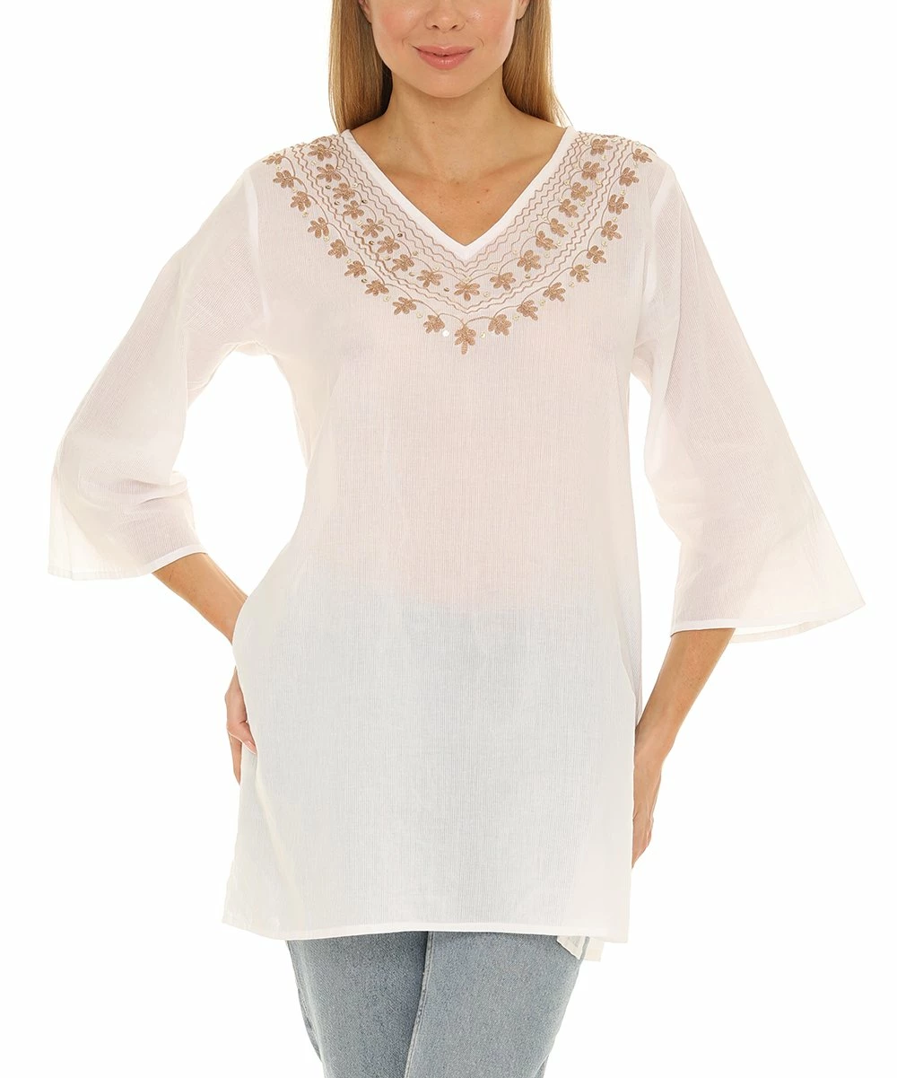 Cheap β Shoreline White Sheer Three-Quarter Sleeve Embroidered V-Neck Tunic - Plus β€οΈ - Image 5