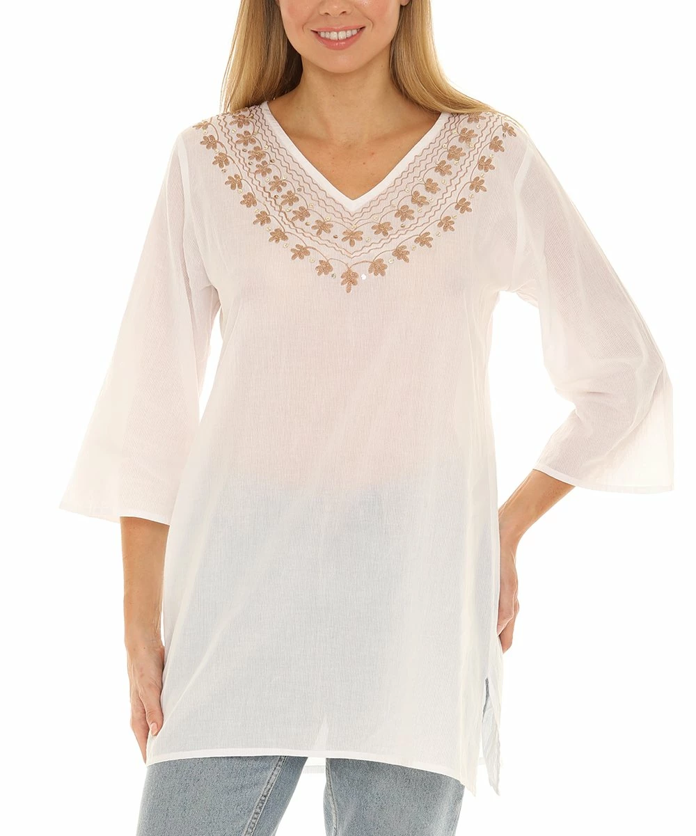 Cheap β Shoreline White Sheer Three-Quarter Sleeve Embroidered V-Neck Tunic - Plus β€οΈ