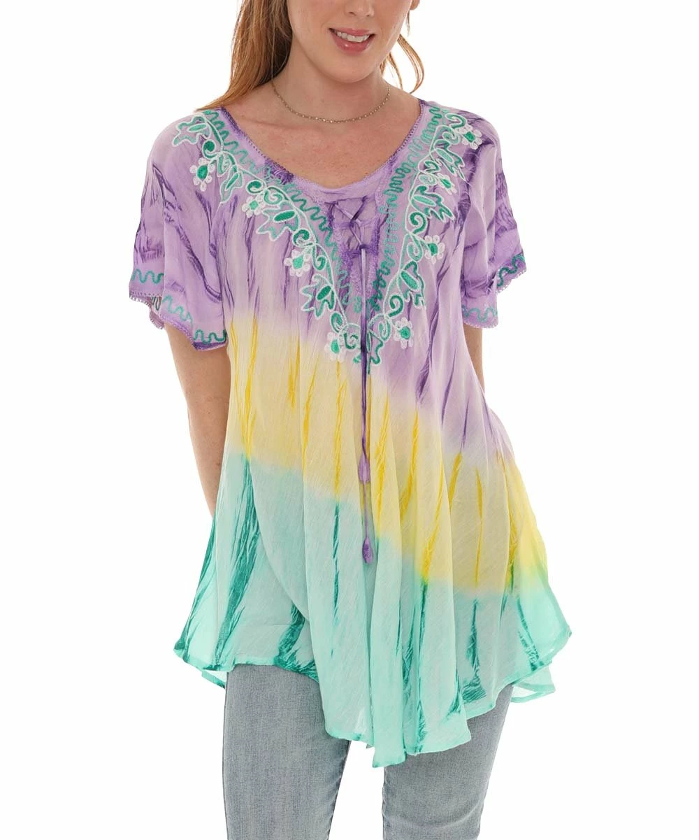 Cheapest π― Shoreline Turquoise & Lilac Tie-Dye Embroidered-Neck Short-Sleeve Tunic - π© Women & Plus π₯° - Image 2