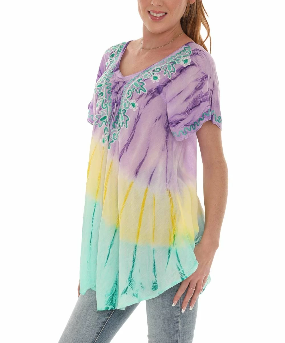 Cheapest π― Shoreline Turquoise & Lilac Tie-Dye Embroidered-Neck Short-Sleeve Tunic - π© Women & Plus π₯° - Image 3