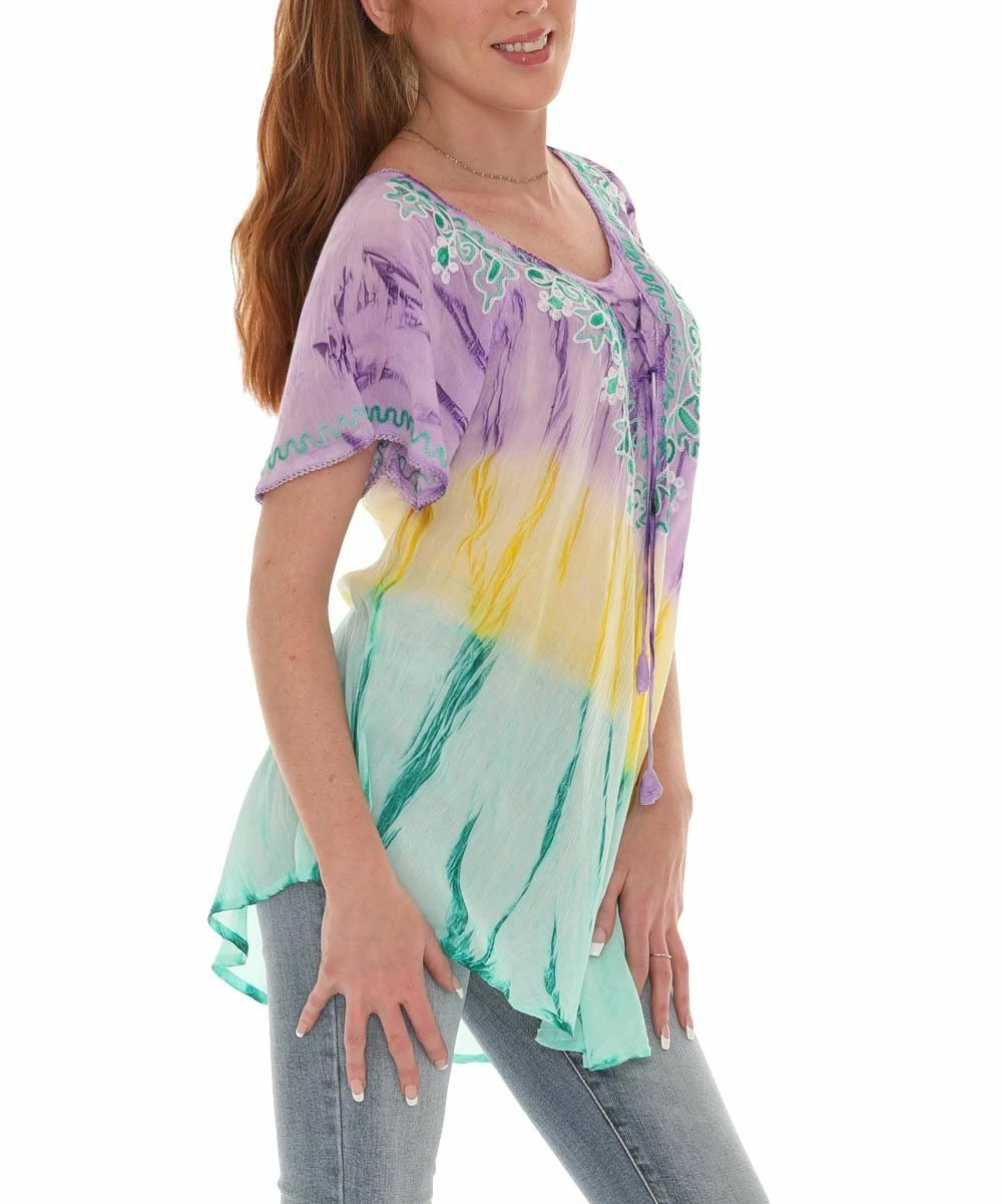 Cheapest π― Shoreline Turquoise & Lilac Tie-Dye Embroidered-Neck Short-Sleeve Tunic - π© Women & Plus π₯° - Image 4