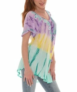 Cheapest 💯 Shoreline Turquoise & Lilac Tie-Dye Embroidered-Neck Short-Sleeve Tunic - 👩 Women & Plus 🥰