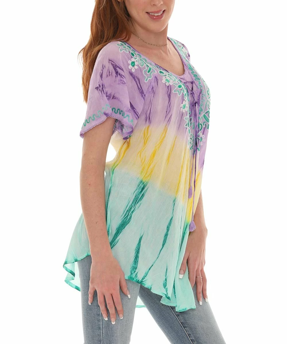 Cheapest π― Shoreline Turquoise & Lilac Tie-Dye Embroidered-Neck Short-Sleeve Tunic - π© Women & Plus π₯°