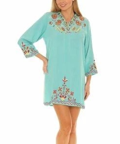 Hot Sale 𧨠Shoreline Turquoise Floral-Embroidered Three-Quarter Sleeve V-Neck Cover-Up - π© Women π