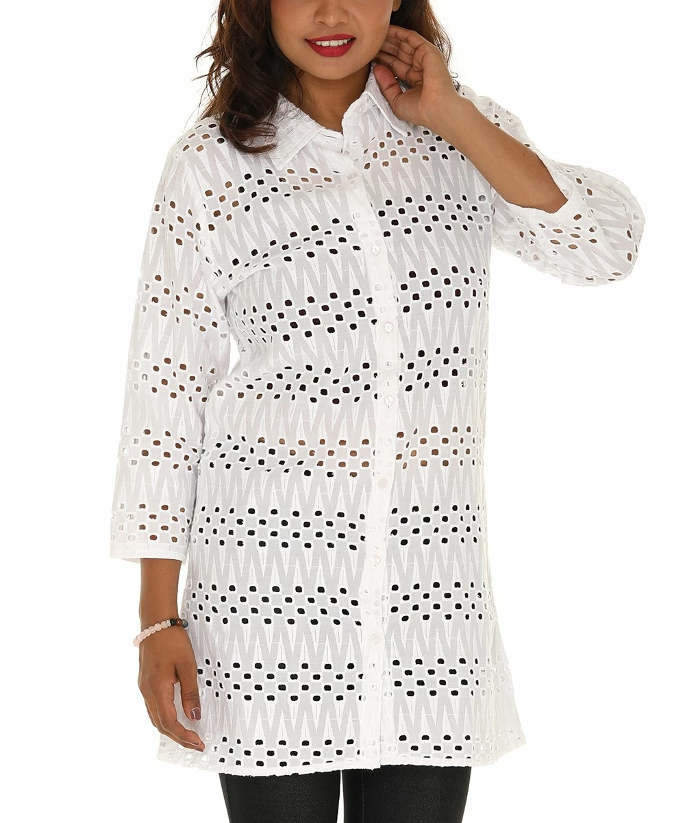 Deals π Shoreline White Zigzag Eyelet Three-Quater Sleeve Button-Up - π© Women π₯ - Image 2