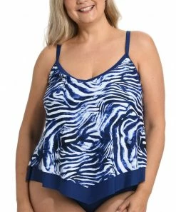 Cheapest π₯ Maxine | White & Navy Abstract Stripe Asymmetrical-Hem Tankini Top - Plus π―