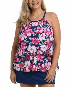 Top 10 ⌛ Maxine | Pink & Navy Hibiscus Layered Tankini Top - Plus ⭐