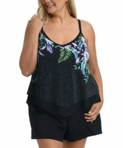 Outlet β Maxine | Black & Green Tropical Leopard Asymmetrical-Hem Tankini Top - Plus π