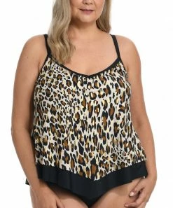 Best Pirce 🎁 Maxine | Brown & Black Leopard Asymmetrical-Hem Tankini Top - Plus 🥰