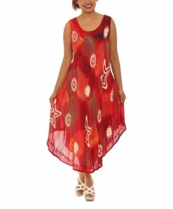 Discount 🤩 Shoreline Red & Orange Abstract Asymmetrical Sleeveless Maxi 👗 Dress - 👩 Women & Plus 👍