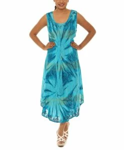 Cheap 👍 Shoreline Blue & Yellow Tie-Dye Paisley Sleeveless Curved-Hem Midi 👗 Dress - 👩 Women & Plus 😀
