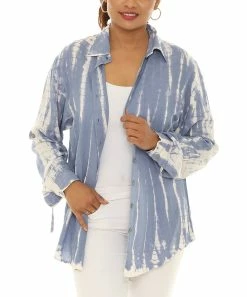Coupon ✨ Shoreline Blue & White Tie-Dye Roll-Tab Sleeve Button-Up - 👩 Women & Plus 👍
