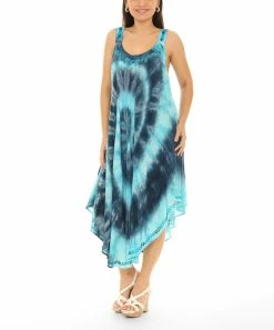 Budget 𧨠Shoreline Blue & Aqua Tie-Dye Hurricane Embroidered Sleeveless Midi π Dress - π© Women & Plus π€©