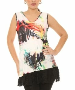Buy π₯ Shoreline White & Black Leaves V-Neck Lace-Hem Sleeveless Top - π© Women & Plus β