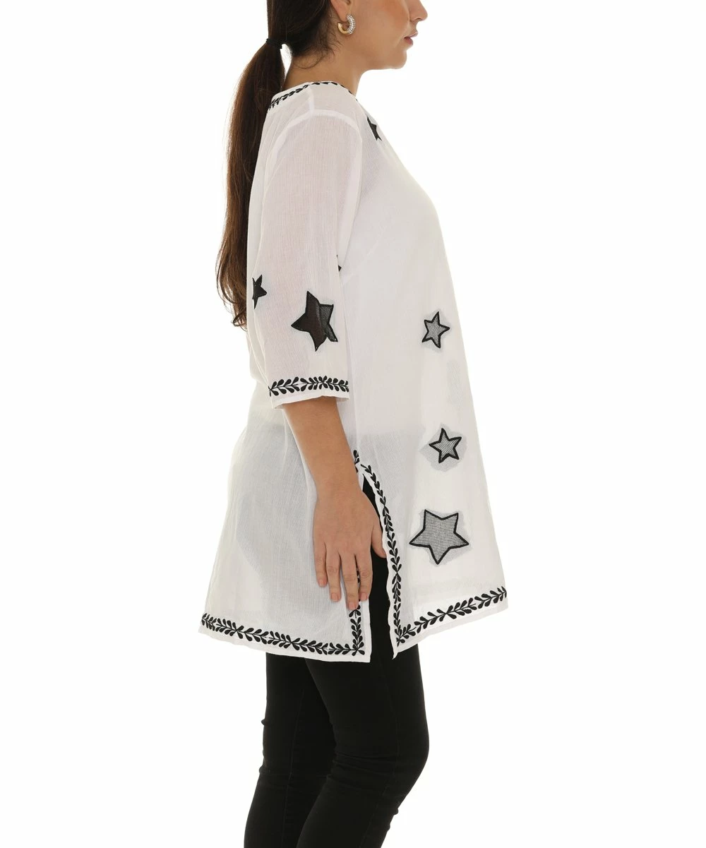 Top 10 π₯° Shoreline White Star Embroidery Three-Quarter Sleeve V-Neck Tunic - π© Women 𧨠- Image 2
