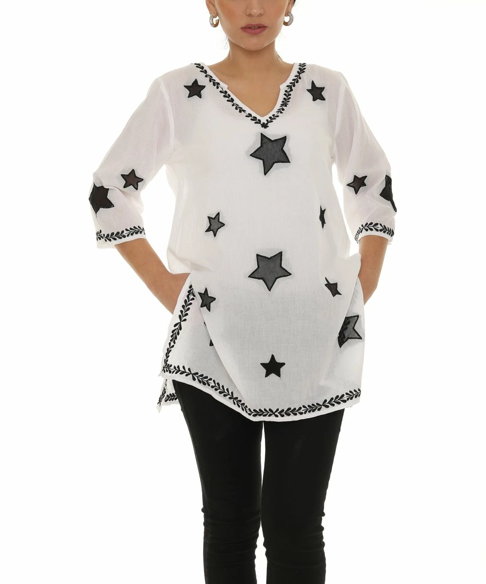 Top 10 π₯° Shoreline White Star Embroidery Three-Quarter Sleeve V-Neck Tunic - π© Women 𧨠- Image 4
