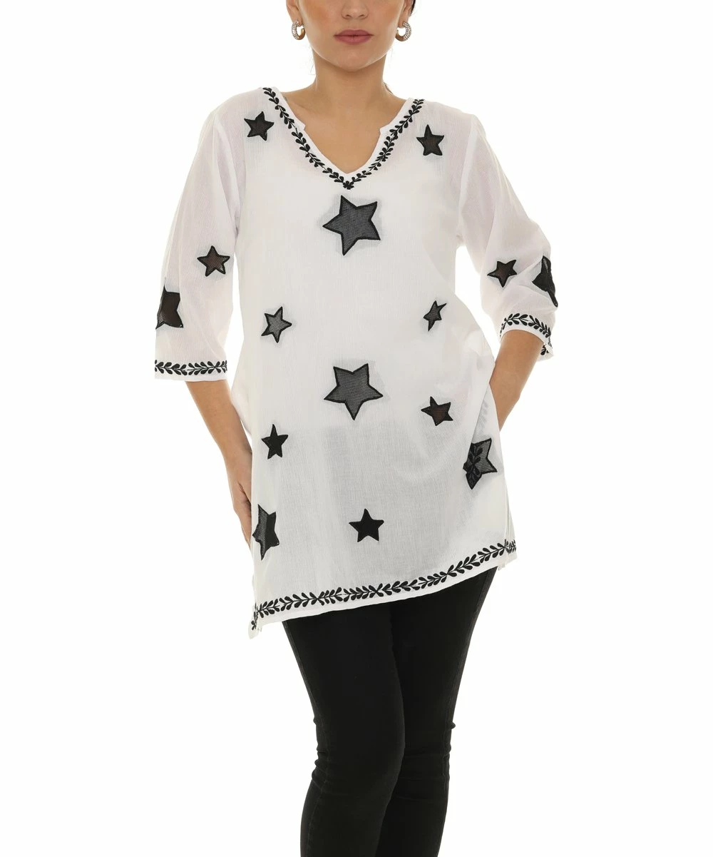 Top 10 π₯° Shoreline White Star Embroidery Three-Quarter Sleeve V-Neck Tunic - π© Women 𧨠- Image 5